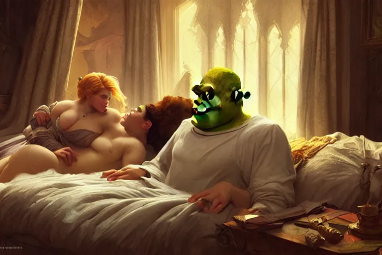 Image similar to russian poet alexander pushkin and shrek lying in bed together, portrait, highly detailed, digital painting, artstation, concept art, smooth, sharp focus, illustration, cinematic lighting, art by artgerm and greg rutkowski and alphonse mucha