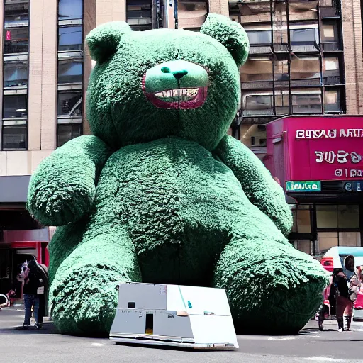 Prompt: a giant huge Godzilla teddy bear is destructing New York buildingds