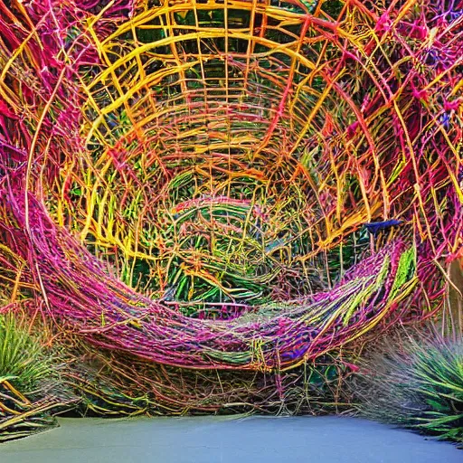 Image similar to A beautiful photograph of a space battle with wild, bright colors. by Patrick Dougherty tired