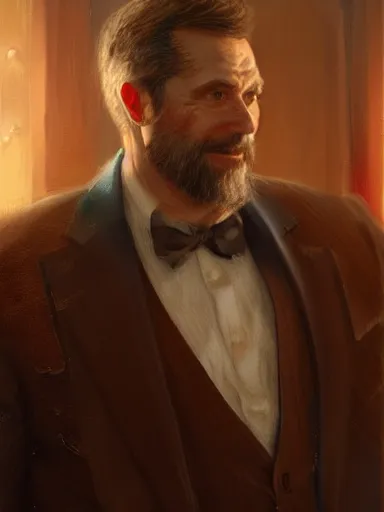 Prompt: a handsome humble middle aged man talking in a party. intricate, elegant, highly detailed, digital painting, artstation, concept art, sharp focus, illustration, by justin gerard and artgerm, 8 k