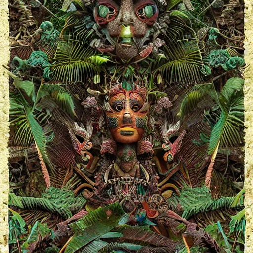 Image similar to mayan supernatural beings, pattern, jungle, intricate entanglement of botanical features, intricate details, octane render, trending on deviantart