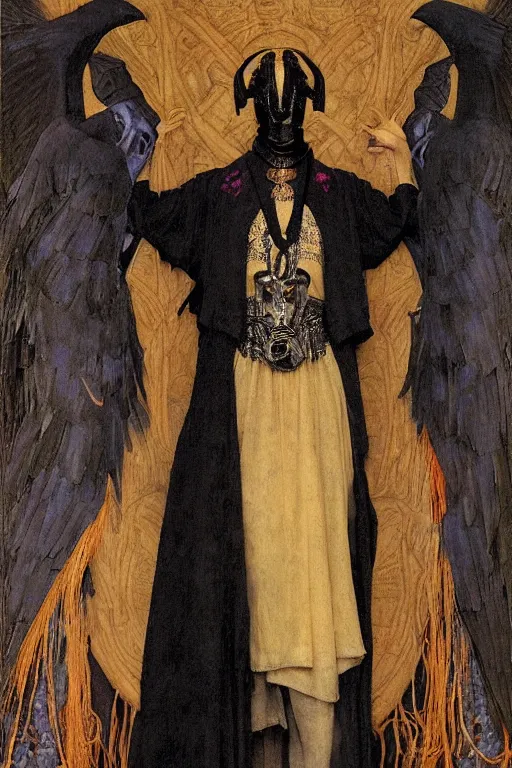 Image similar to a goth shaman with the head of a raven, by Annie Swynnerton and Nicholas Roerich and John Bauer and jean delville and John William Godward and Donato Giancola and Vermeer, black leather and embroidered velvet, iridescent beetles, rich color, dramatic cinematic lighting, featured on Artstation, extremely detailed