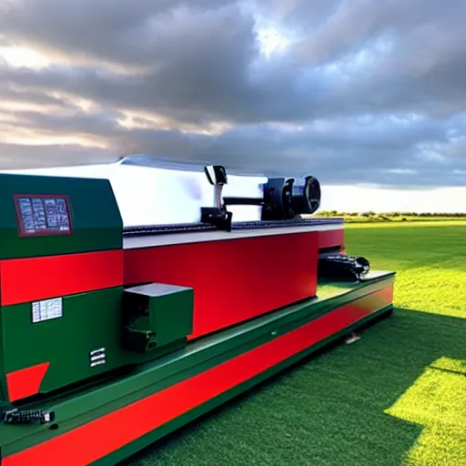 Image similar to cnc lathe from haas stands in a green field, the sky is bright red with clouds