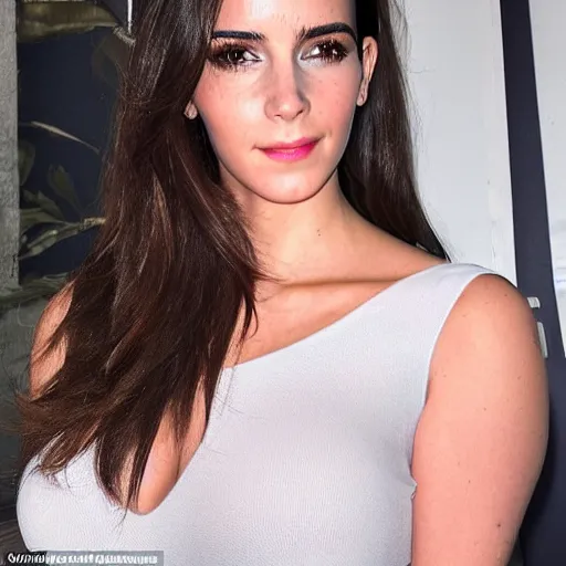 Image similar to a woman who is a genetic combination of kim kardashian and emma watson face and upper - body focus