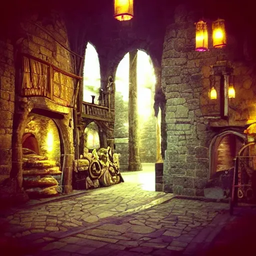 Image similar to “out for a walk in the castle marketplace. Epic high fantasy setting. Surreal lighting and depth”