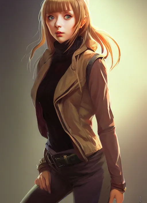 Image similar to portrait of a full body of beautiful young female detective, d & d, sleeveless turtleneck, fantasy, flat lighting, intricate, highly detailed, digital painting, artstation, concept art, smooth, sharp focus, illustration, misa amane, art by simon bisley and greg rutkowski and alphonse mucha, natural tpose