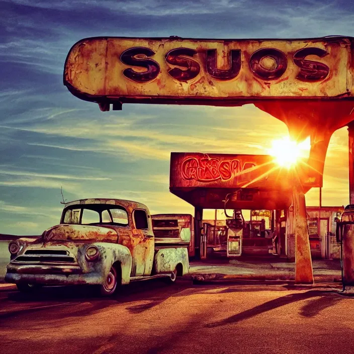 Image similar to a sunset light landscape with historical route 6 6, lots of sparkling details and sun ray ’ s, blinding backlight, smoke, volumetric lighting, colorful, octane, 3 5 mm, abandoned gas station, old rusty pickup - truck, beautiful epic colored reflections, very colorful heavenly, softlight