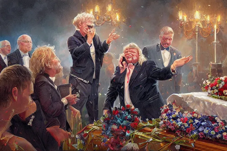 Image similar to portrait of rip taylor throwing confetti during a funeral service, an oil painting by ross tran and thomas kincade