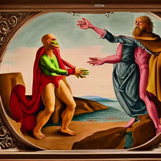 Image similar to the creation of adam but with kermit the frog and jim henson instead, muppets, renaissance style, heavenly, cosmic, god rays, intricate detail, 8 k,