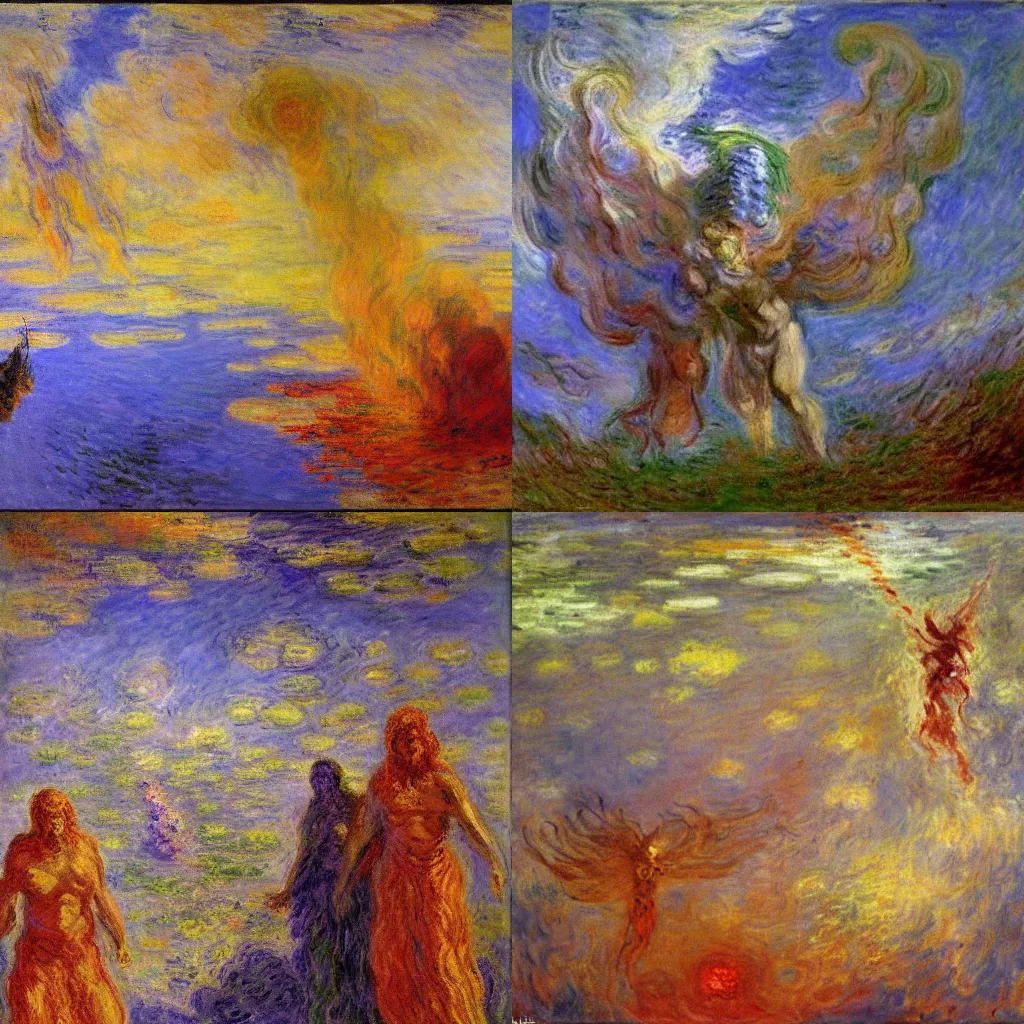 Prompt: of battle in heaven between God's and demons, oil on canvas, claude monet