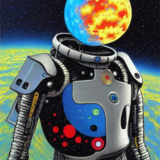 Image similar to futurist cyborg knight, perfect future, award winning art by alan bean, sharp color palette