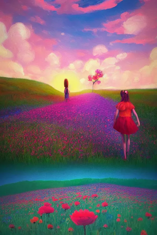 Image similar to giant flower head, girl walking in a flower field, surreal photography, sunrise, dramatic light, impressionist painting, colorful clouds, digital painting, artstation, simon stalenhag