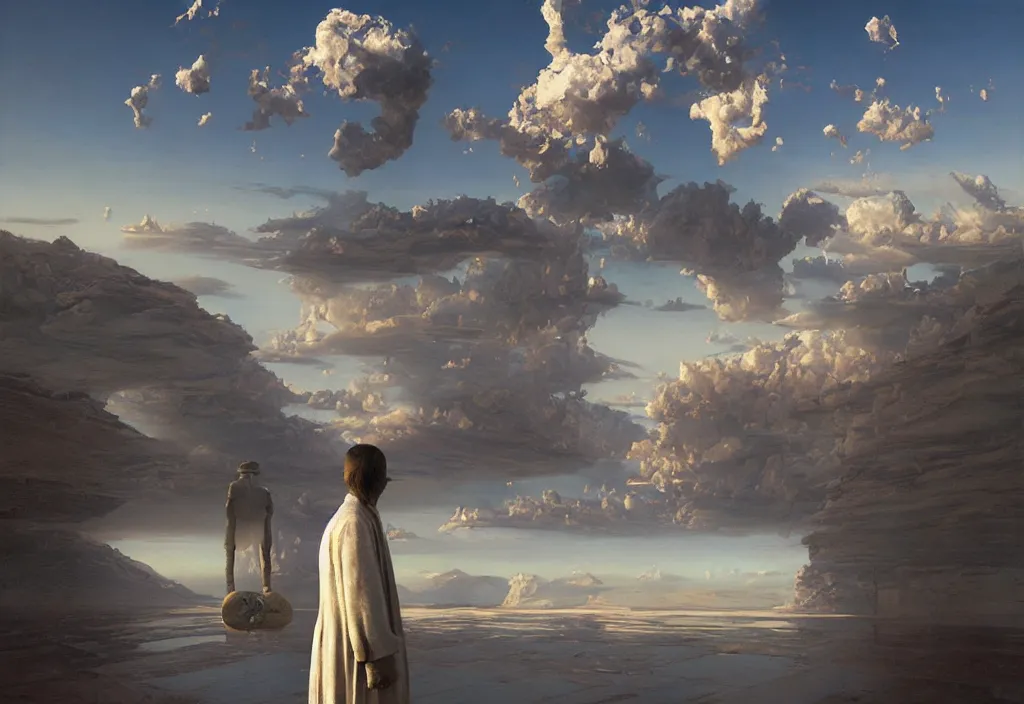 Prompt: thoughts of infinity, art by james gurney and greg rutkowski, surrealism by salvador dali, very detailed, high resolution, symmetry by rene magritte, volumetric lighting