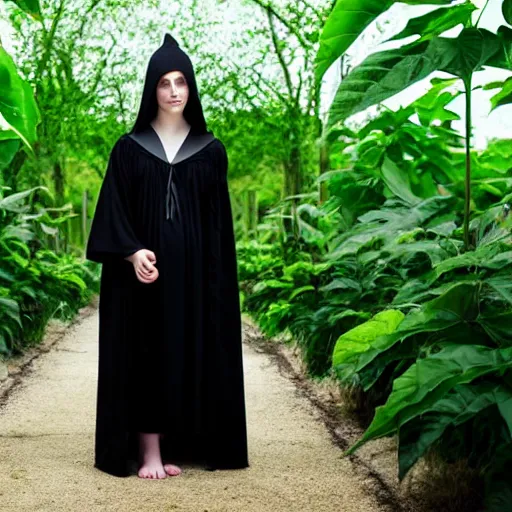 Image similar to a beautiful young witch in a black robe, holding white brugmansia