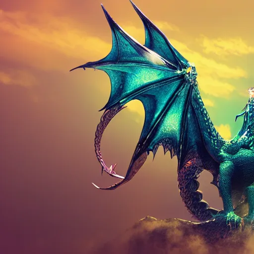 Prompt: crystal dragon in the sunny sky with mist around