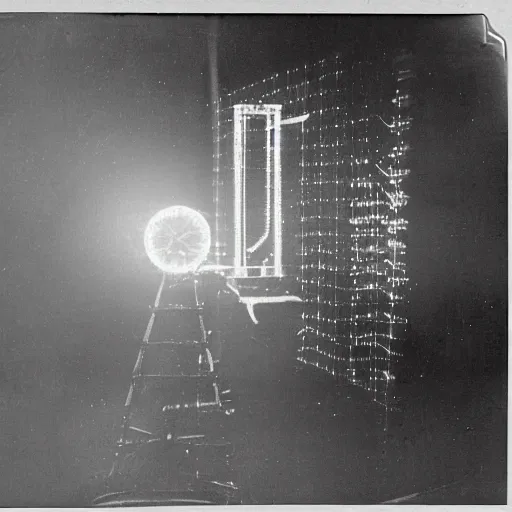 Image similar to grainy 1800s photo of a mechanical apparatus that is projecting a hologram of an artificial intelligence