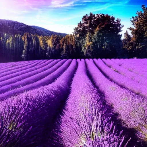 Prompt: ”Epic landscape, purple fields of lavender with a dark forest in the background, in the middle is a blue lake and blue river, bright summer day. Trending on art station, concept art”
