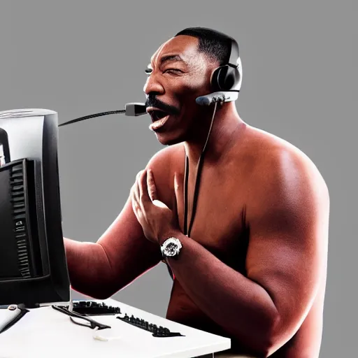 Image similar to my 600 lb Eddie Murphy wearing a headset yelling at his monitor while playing WoW highly detailed wide angle lens 10:9 aspect ration award winning photography by David Lynch esoteric erasure head