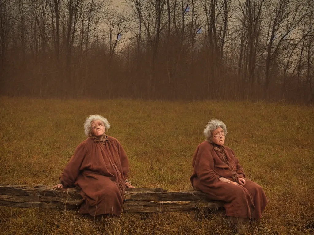 Prompt: medium shot portrait bust of old woman sitting on fence, tired expression, faded color film, russian cinema, tarkovsky, technicolor, heavy forest, wood cabin in distance, shallow depth of field, long brown hair, old clothing, heavy fog, brown color palette, sunset, low light, hudson river school, 4 k, dramatic lighting