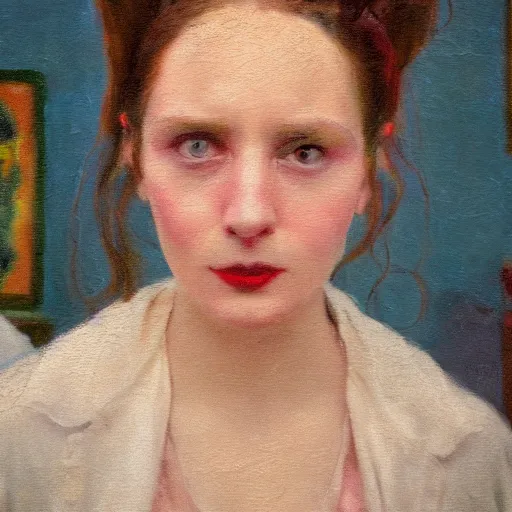 Prompt: an impressionist painting of a women from a wes anderson film looking at the camera mark ryden, 8 k