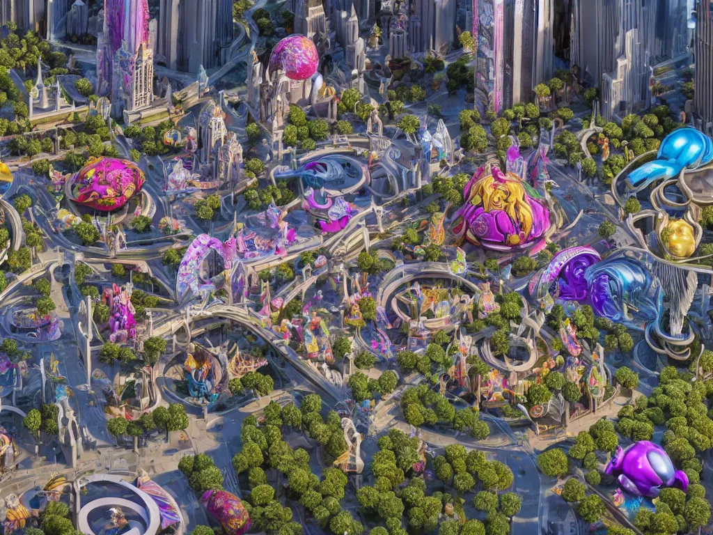 Image similar to a busy elaborate ornate outdoor city center museum, cinematic, huge structures, shadows, 4 k, detailed, by zaha hadid and lisa frank and peter jackson and ridley scott and beeple and greg rutowski