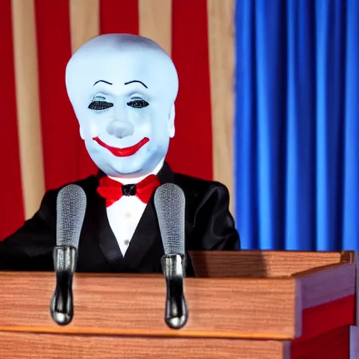 Image similar to string marionette of a president with clown makeup in a podium and a human shadow behind