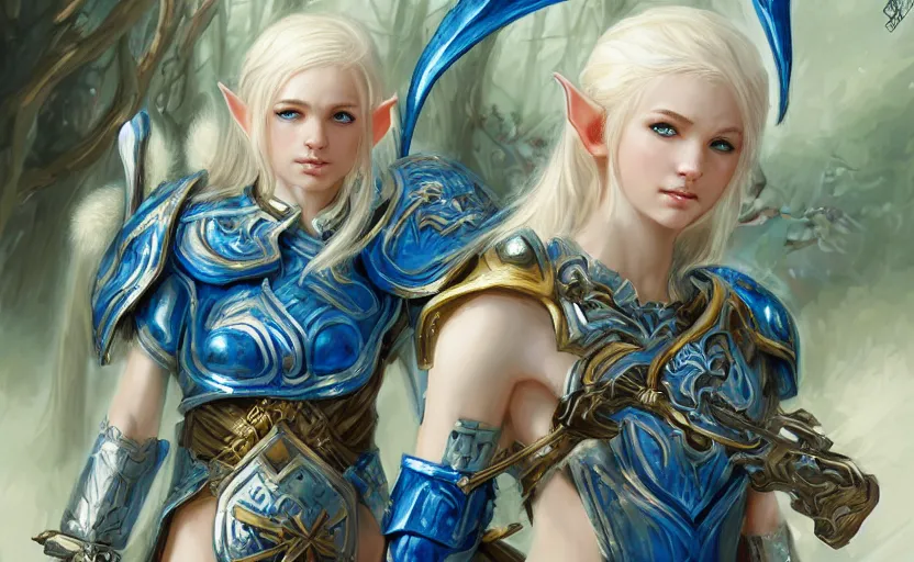 Prompt: young blonde female elf warrior in blue and white armor, surrounded by rabbit knights, epic wallpaper, high fantasy, flowers and trees, intricate detail, digital painting, artstation, concept art, smooth, sharp focus, illustration, art by wlop and raymond swanland and ross tran