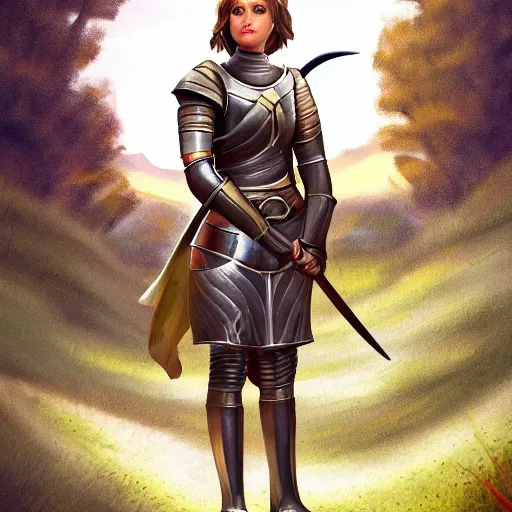 Prompt: A beautiful, brown-haired Joan of Arc Jeanne d'arc in a shining armor raising her sword, standing victorious on a green hill, award-winning artstation