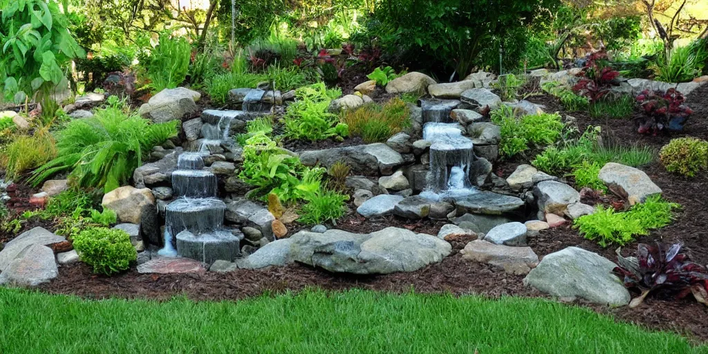 Image similar to award winning stone work waterfall fountain in a lush green backyard, photo