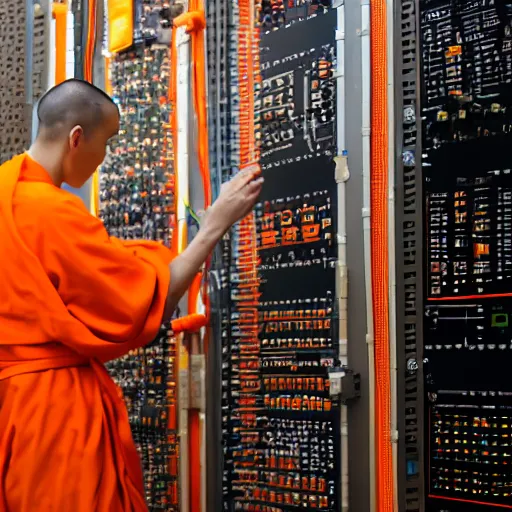 Image similar to techno monk in orange robes with wires and circuit boards coming out of his face