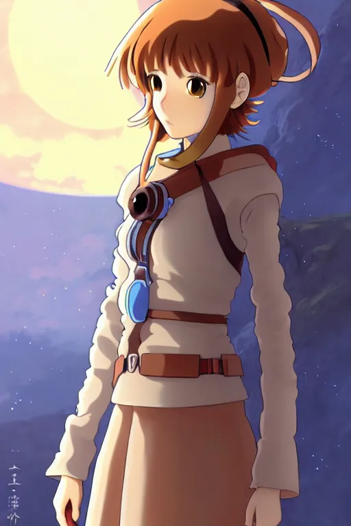 Image similar to anime art full body portrait character nausicaa concept art, anime key visual of elegant young female, brown hair and large eyes, finely detailed perfect face delicate features directed gaze, sunset in a valley, trending on pixiv fanbox, studio ghibli, extremely high quality artwork by kushart krenz cute sparkling eyes