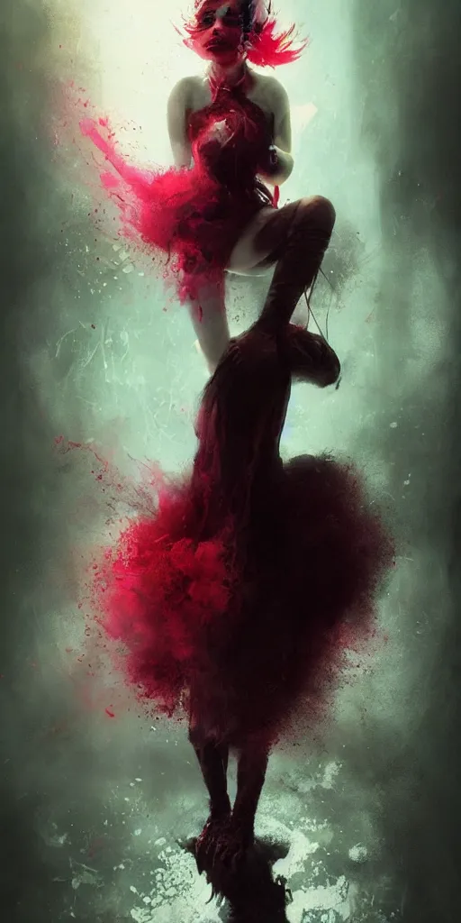 Prompt: shot of sinister girl with pouty aerochrome ( ( ( ( ( lips ) ) ) ) ), fungal, adorable, expressive eyes, playful pose of a dancer, greg rutkowski, charlie bowater, yuumei, stephen gammell, unreal 5, daz, hyperrealistic, octane render, dark, dynamic lighting, fantasy art, beautiful face