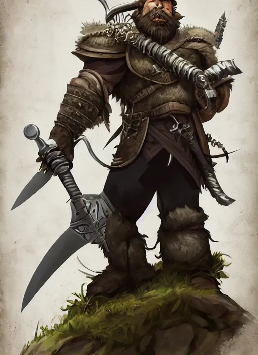 Image similar to strong young man, photorealistic bugbear ranger holding aflaming sword, black beard, dungeons and dragons, pathfinder, roleplaying game art, hunters gear, jeweled ornate leather and steel armour, concept art, character design on white background, by studio ghibli, makoto shinkai, kim jung giu, poster art, game art