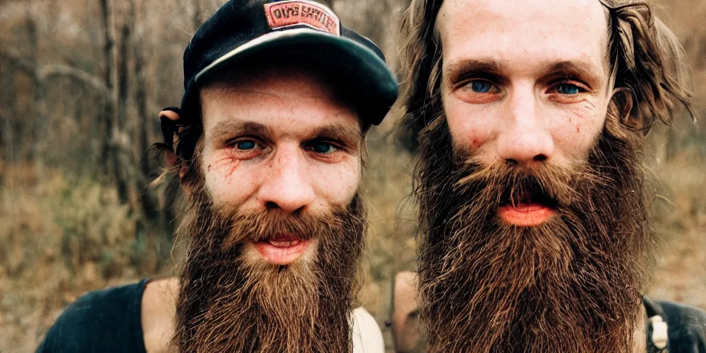 Image similar to extremely skinny malnourished redneck white male with long beard, wearing dirty overalls, dirty greasy face, grin, portrait, close up, kodak gold 2 0 0, 5 0 mm,