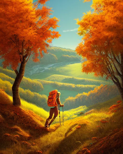 Prompt: autumn hillside boy hiking illustration detailed, by quentin mabille