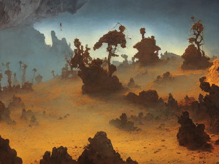 Image similar to an oil painting of a volcanic spring on an alien planet with crators and rocks. on a beautiful morning by beksinski carl spitzweg and tuomas korpi. baroque elements, full-length view. baroque element. intricate artwork by caravaggio. Trending on artstation. 8k