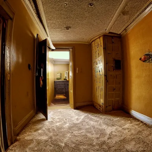 Prompt: fish eye lens, secret room upstairs, located above the family room behind the wall, clean, carpeted. accessible by secret entrance, comforting and familiar, organic, golden ratio, alive, only visited during dreams, where memories are stored but also forgotten only to be remembered again,