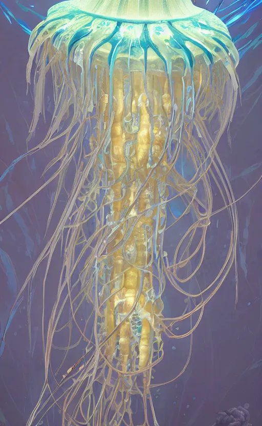 Image similar to Panorama hyper detailed painting of a cyberpunk jellyfish, blue tones, underwater, 8 mm, highly detailed, digital painting, artstation, concept art, smooth, sharp focus, illustration, art by artgerm and greg rutkowski and alphonse mucha