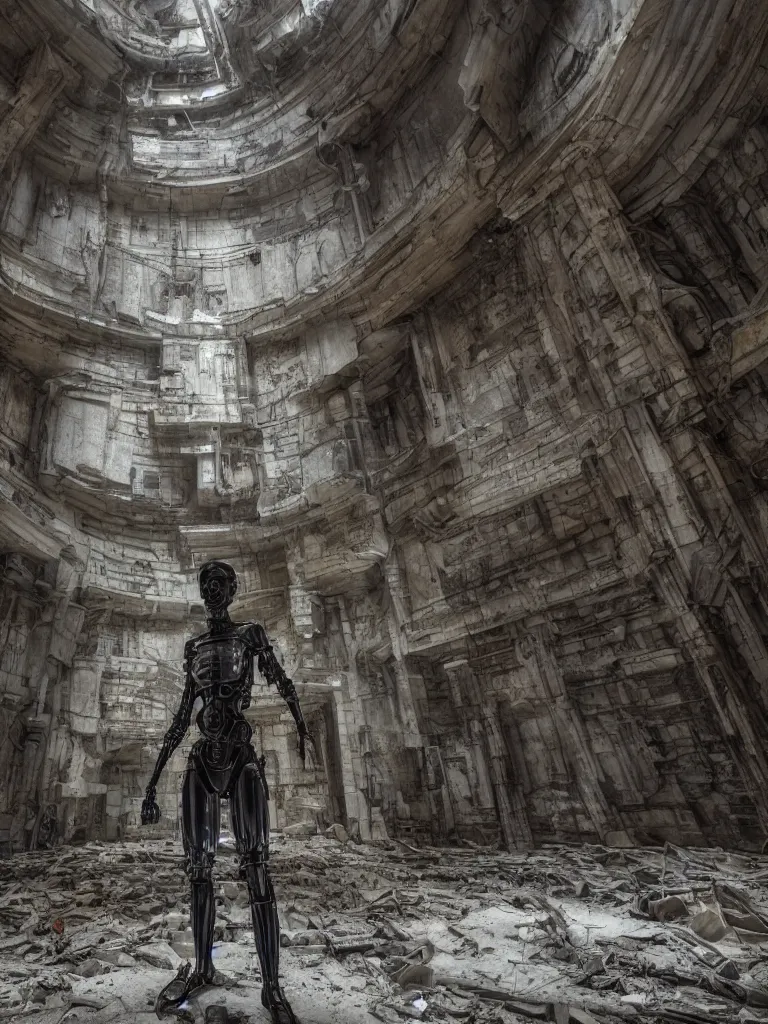 Prompt: portrait of a cyborg statue, standing in a hall of abandoned ancient megacomplex; hyperrealistic, 4K wallpaper, cinematic lighting, highly detailed and beautiful