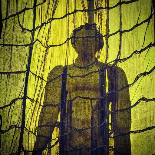 Image similar to “giant ancient statue wrapped in translucent yellow mesh tarps in a dense jungle”