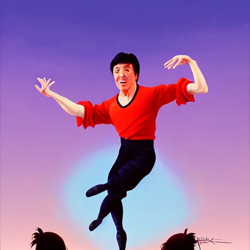 Image similar to a beautiful scenic painting of young jackie chan dancing ballet, by artgerm and wlop and wes anderson and spike jonze