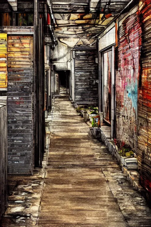 Image similar to a beautiful painting digital high detailed of a grungy back alley with wooden crates and dirt