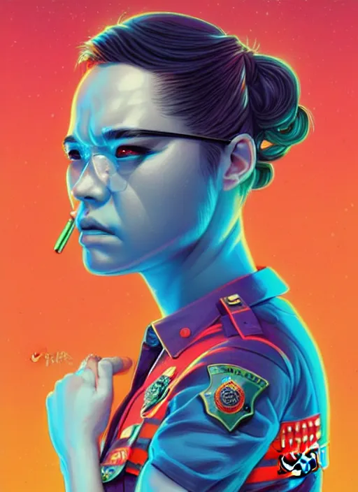 Image similar to burning police officer in sci fi prison, tristan eaton, victo ngai, artgerm, rhads, ross draws