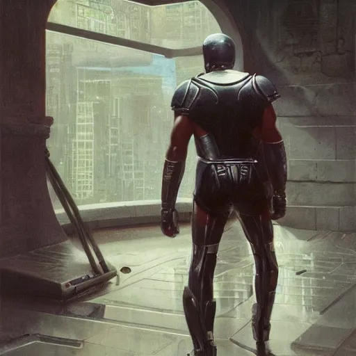 Image similar to sylvester stallone in ancient greece sci - fi armor, tech noir, wet reflections, prism, atmospheric, ambient, pj crook, syd mead, livia prima, greg rutkowski, edward hopper