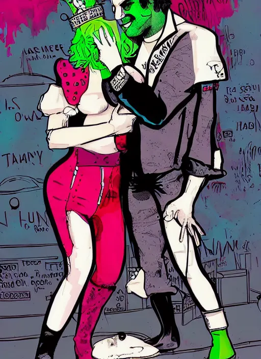 Image similar to lady gaga harley queen and joaquin phoenix joker by mimmo rottela and bengus and banksy