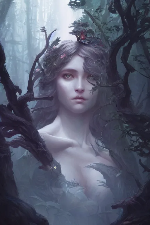 Image similar to goddess of the dark forest, highly detailed, digital painting, artstation, concept art, smooth, sharp focus, illustration, unreal engine 5, 8 k, art by artgerm and greg rutkowski and edgar maxence