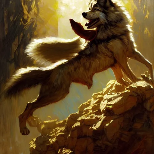 Image similar to stunning male master wizard transforming into wolf, highly detailed painting by gaston bussiere, craig mullins, j. c. leyendecker, 8 k