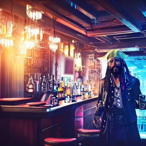 Image similar to high quality portrait of a pirate bartender in a cyberpunk cyberpunk cyberpunk cafe, realism, 8k, award winning photo