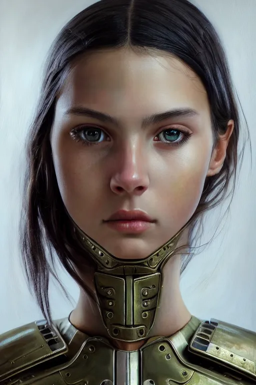 Image similar to a photorealistic painting of an attractive young girl, partially clothed in metal-plated battle armor, olive skin, long dark hair, beautiful bone structure, symmetrical face, perfect eyes, intricate, elegant, digital painting, concept art, illustration, sharp focus, minimal artifacts, from Metal Gear, in the style of Ruan Jia and Mandy Jurgens and Greg Rutkowski, trending on Artstation, award winning