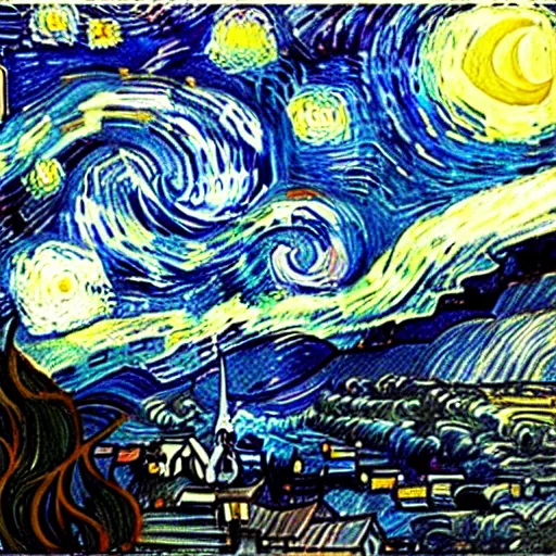 Image similar to the starry night where white is black and blue, very detailed, landscape-H 768